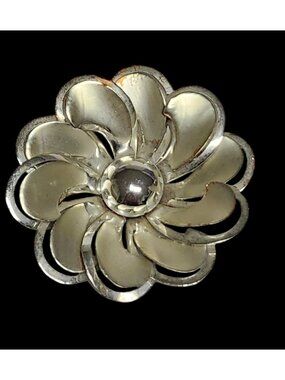 Vintage Brushed Chrome Flower Brooch Pin Pop Art Style Modernist